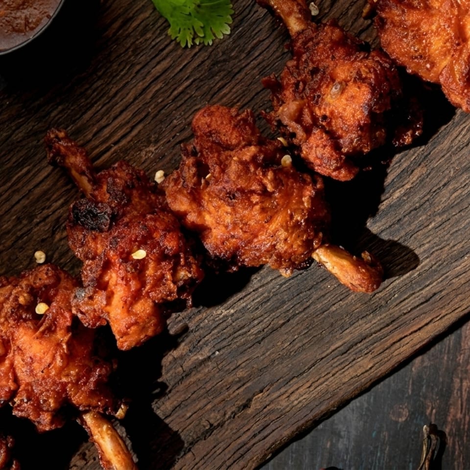 Crispy fried chicken drumettes, or lollipops, arranged on a rustic wooden board with dipping sauce.