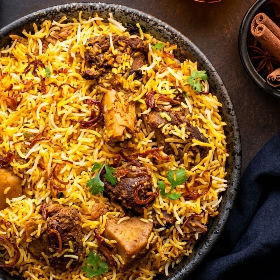 Close-up of a large bowl of biryani with rice, meat, fried onions, and cilantro.