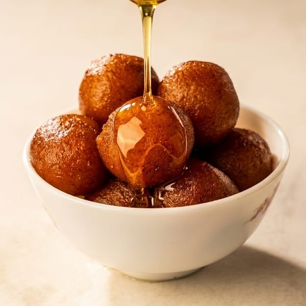 Honey pours over a bowl of golden-brown gulab jamun, a traditional Indian dessert.