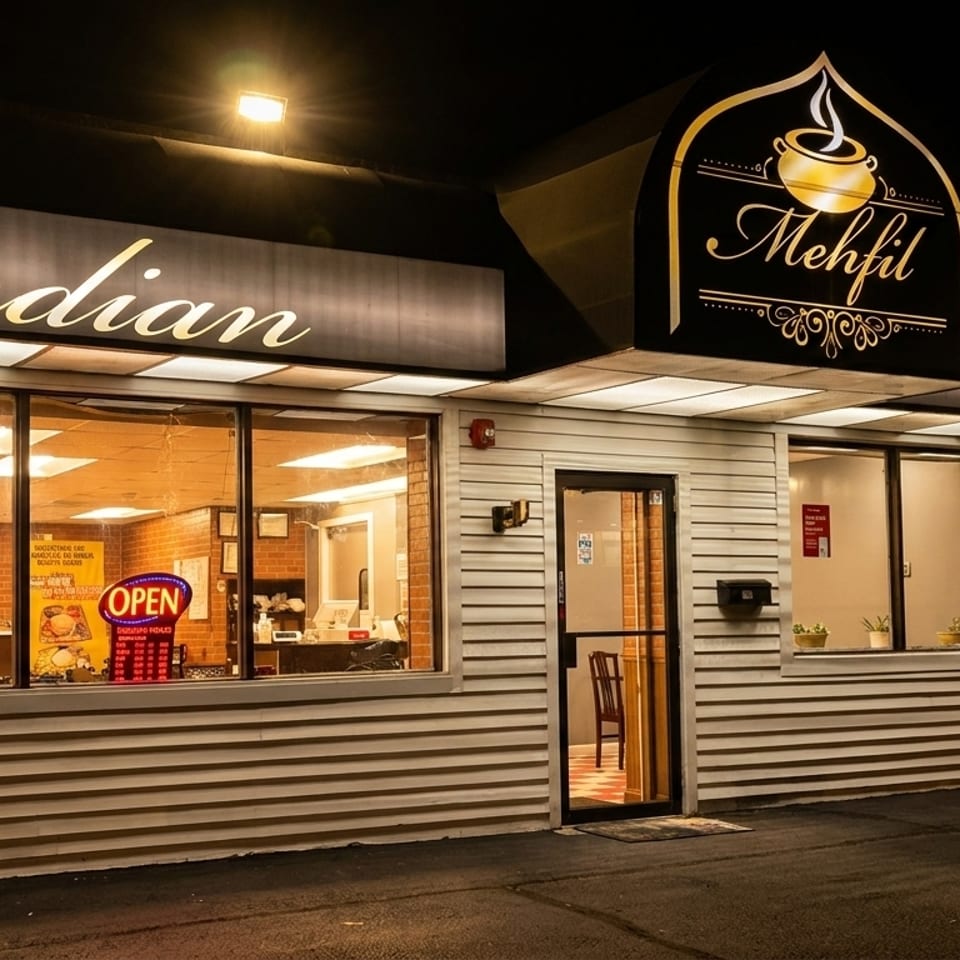 Exterior of Mehfil Indian Cuisine at night, with illuminated signs and an "OPEN" neon sign visible.