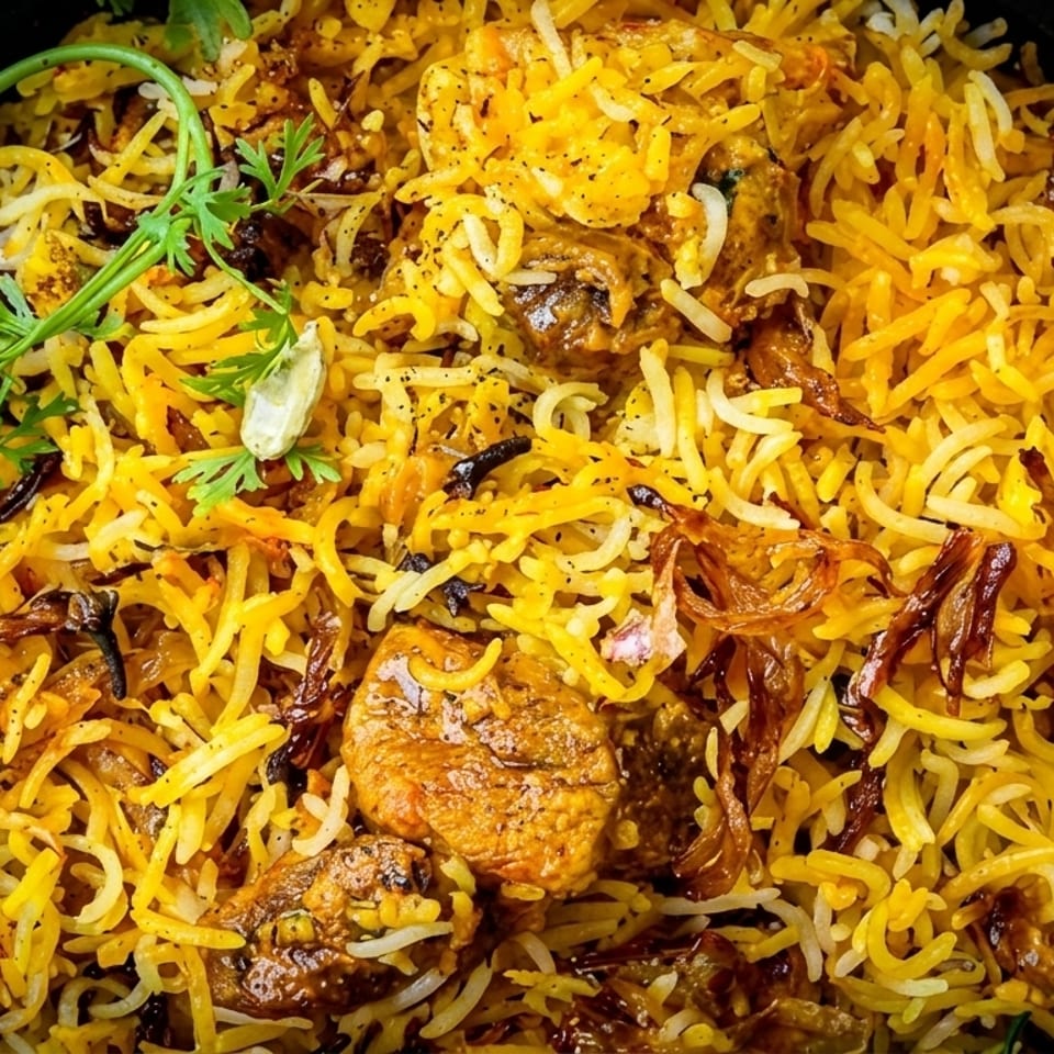 Close-up of a black bowl filled with yellow biryani rice, meat, and fresh cilantro.