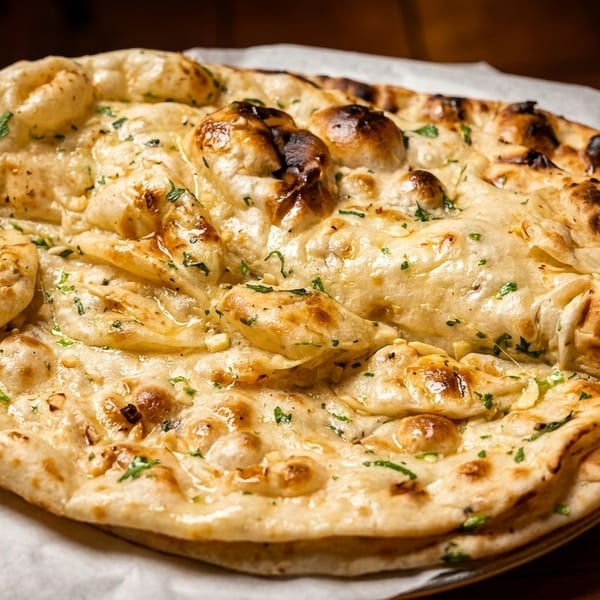 Golden-brown garlic naan bread, speckled with green herbs, rests on white parchment paper.
