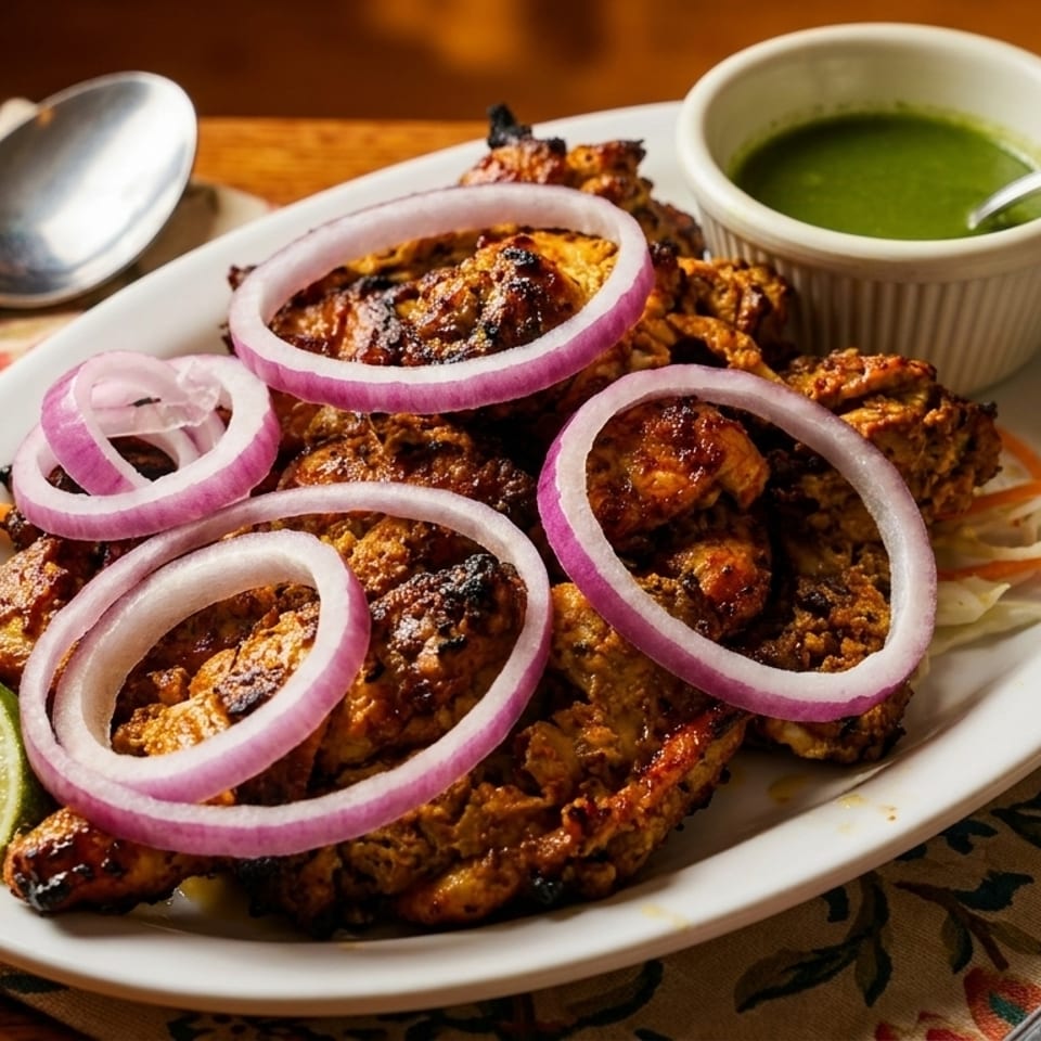 Grilled chicken tikka with red onion rings, lime, and green chutney on a white plate.